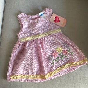 Baby Girl Pink/White Seersucker Dress with Embroidered Flowers